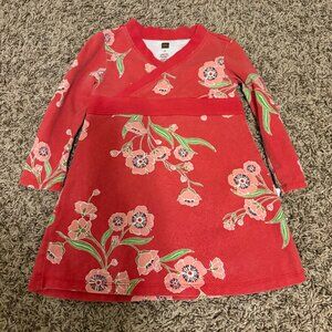 Tea Collection Red Dress 2 Floral Print Long Sleeve Criss Cross Front Cotton